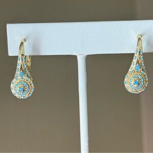Gold Teardrop Earrings with Blue Stones